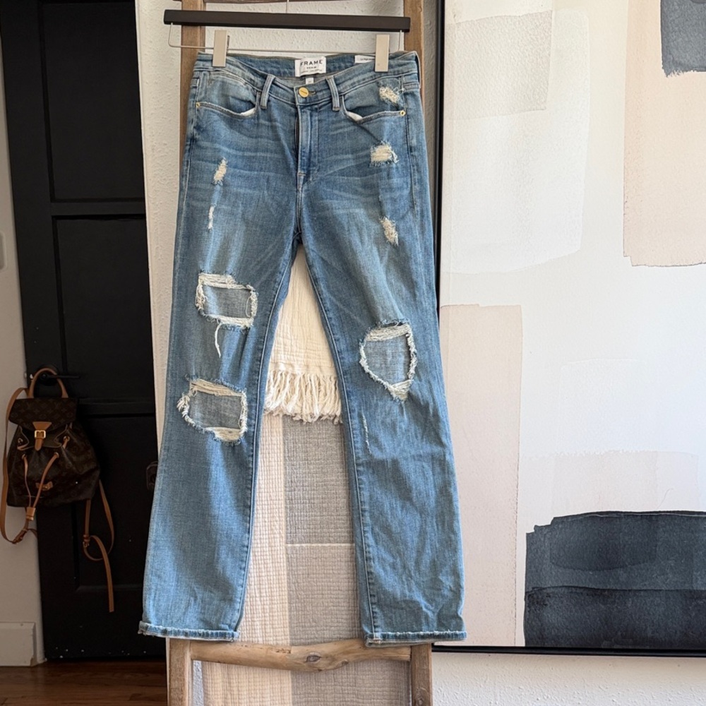 Frame Denim Light Wash Distressed Straight Leg Jeans
